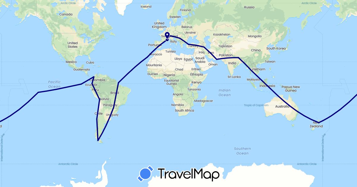 TravelMap itinerary: driving in Argentina, Brazil, Switzerland, Chile, Colombia, Ecuador, Spain, France, Iran, Nepal, New Zealand, Peru, Serbia, Thailand, Turkey (Asia, Europe, Oceania, South America)